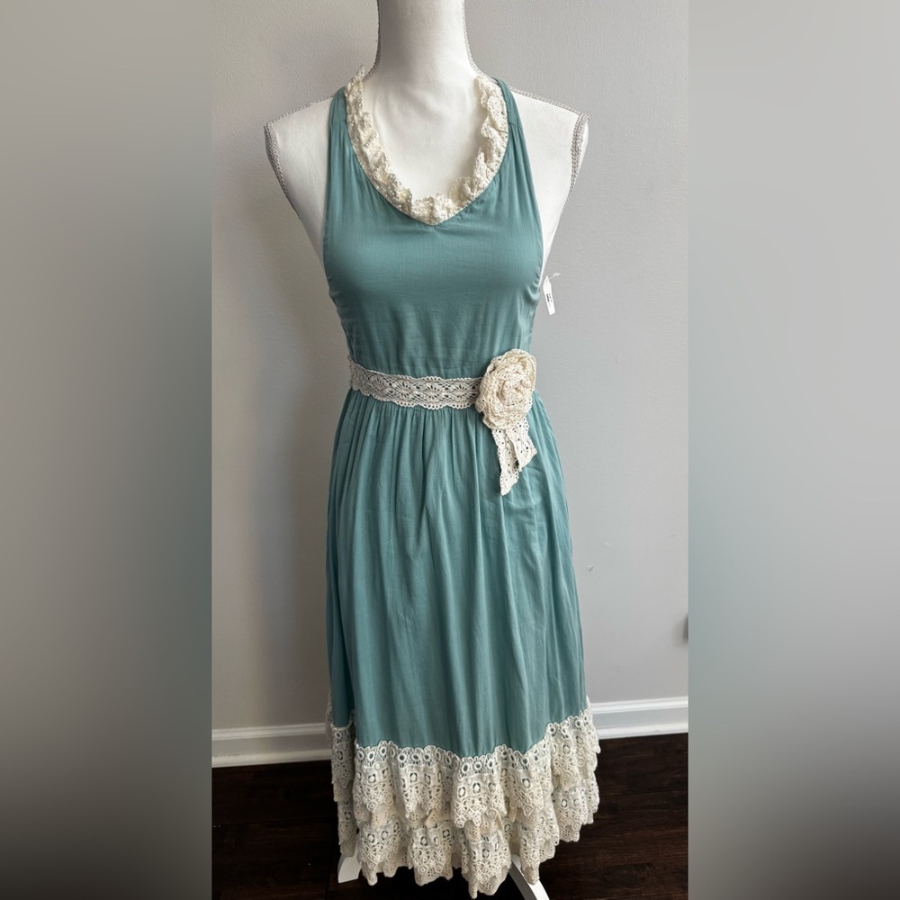 Mustard Pie Aqua and Cream Lace Midi Halter Dress